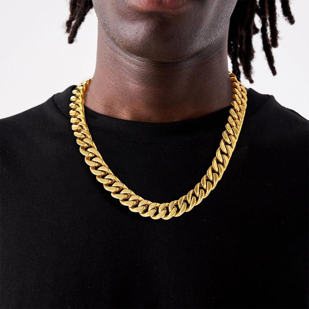 Gold/18K 14 mm width Plated Miami Cuban Chain Necklace | Stainless Steel Men - Picture 4 of 7